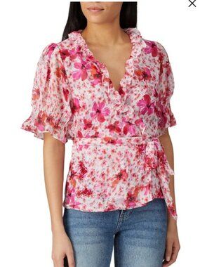 Misa Los Angeles Pink Red Floral Ruffle Wrap Blouse Size M